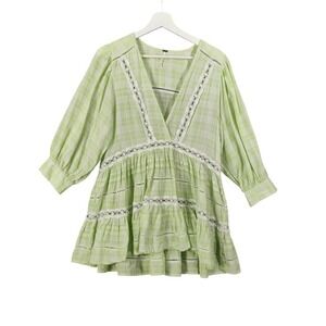 Free People Womens Small Cottage Plaid Tunic Top Green White Crochet Lace V Neck